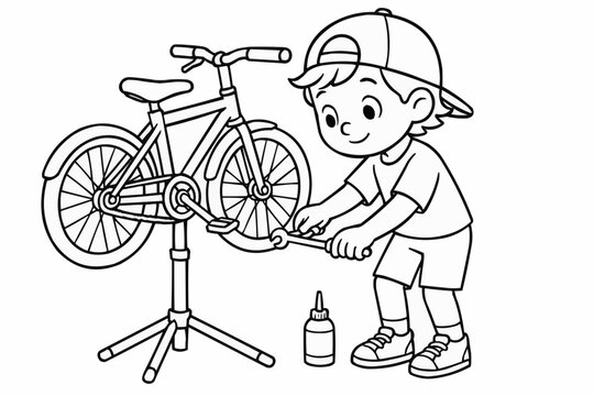 Children's coloring book - Young boy repairing bicycle with tools on work stand at home  