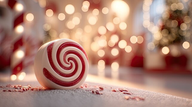 Decorative round candy with red swirl design and festive bokeh background for holiday season celebrations and sweet treats imagery