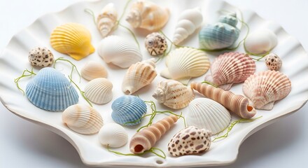 Colorful Collection of Various Seashells on a White Plate