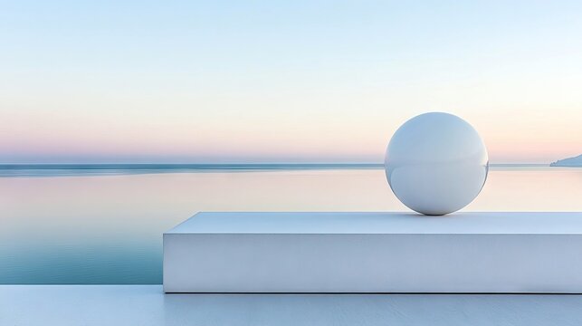 A white sphere rests on a white platform, with the ocean and a pastel sunset in the background. The scene evokes a sense of serenity and minimalist design.