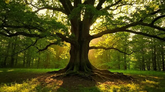 Forest Ecosystem Perspective: A wide angle view capturing the tree as an integral part of a dense, vibrant forest landscape, illustrating its connection to the surrounding flora and fauna within an un