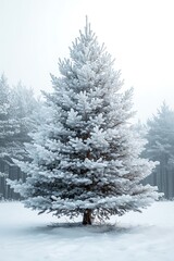 Obraz premium Stunning frosted pine tree landscape evokes winter holiday magic, perfect for seasonal greetings and festive promotions