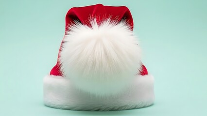 Red Santa Claus hat with fluffy pom-pom on a mint background.
