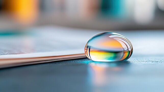 A close-up macro shot of a water droplet resting on a stack of paper, reflecting colorful light.