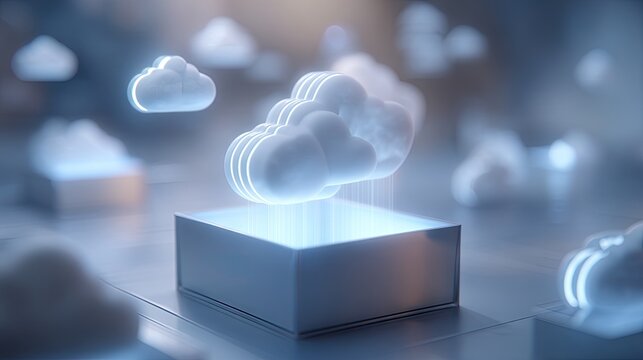 Abstract representation of cloud computing technology with floating clouds over a glowing box showcasing digital innovation and data management