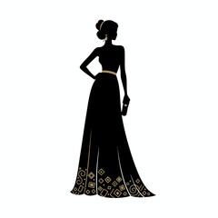 Elegant woman silhouette in long black dress with flowing fabric for fashion luxury formal wear or evening gown branding