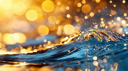 Close-up of a water wave cresting with a golden bokeh background, creating a shimmering and dynamic visual.