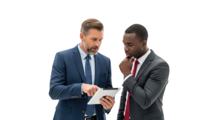 High resolution diverse businessmen analyzing data on tablet design mockup featuring business, businessmen, men on clean white background for product presentation use