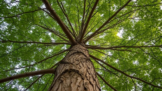 Looking up at a tall tree canopy with green leaves and branches