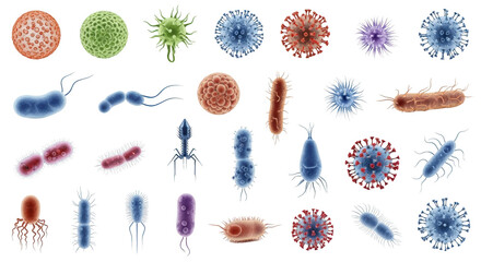 Modern diverse collection of microscopic organisms and viruses still life photo highlighting bacteria, virus, microbe ideal for branding or digital marketing content
