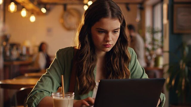 woman working on laptop in cafe