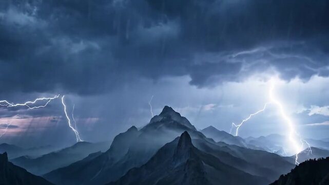 Intricate, branching patterns of brilliant white and electric blue lightning striking across a dark, rain swept horizon. Focus on the visual detail and dynamic motion of the lightning bolts?