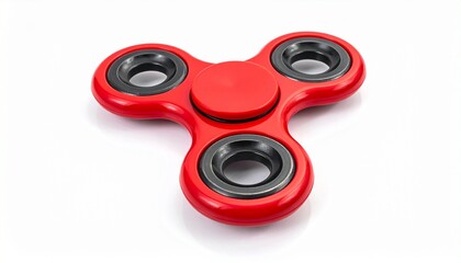 A red fidget spinner with three metal bearings, centered on a clean surface with soft lighting.