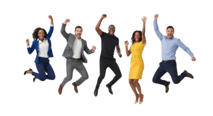 Stylish diverse group jumping for joy flat lay scene highlighting jumping, joy, celebration perfect for catalog template or visual brand identity design