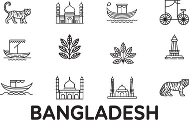 Bangladesh country line art icons set collection of famous landmarks bengal tiger and cultural symbols