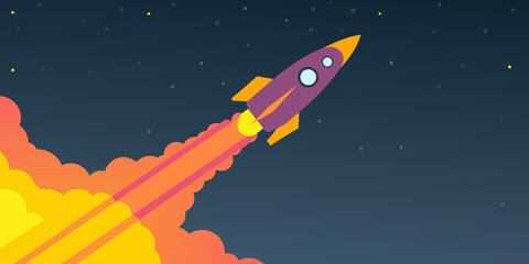 Cartoon rocket launching into space with fire and stars