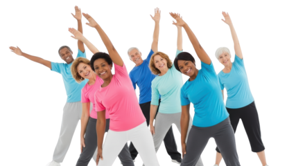 Diverse group of seniors stretching and exercising together minimalist composition with group, people, seniors for professional product catalog or stock marketplace use