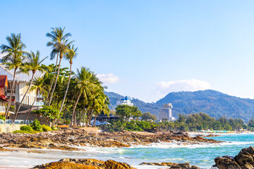 Rocky Kalim Beach tropical landscape panorama in Patong Phuket Thailand.
