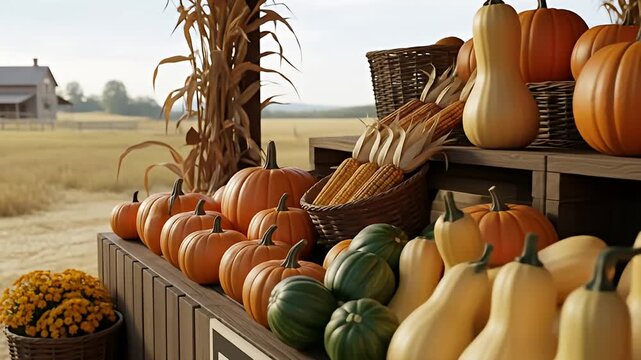 Autumn Harvest Display with Pumpkins and Gourds at a Farm Stand.