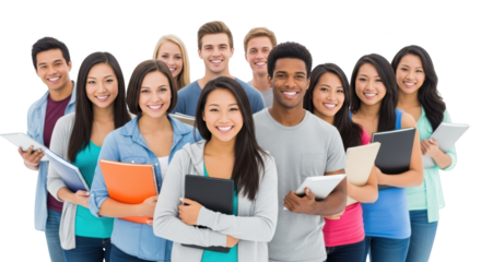 High resolution diverse group of smiling students design mockup featuring students, education, university on clean white background for product presentation use