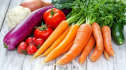 Colorful Fresh Vegetables on White Wooden Board for Healthy Cooking, Grocery, and Recipe Photography. Conveying freshness, healthy eating, and inspiring meal ideas for cooking and photography.