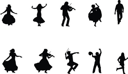 Dance silhouettes collection, violin orchestra silhouette, flamenco dress dancer, drumstick motion pose, walking figure outline, unisex movement sketch, black vector set