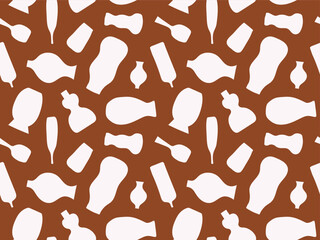 Seamless abstract boho pattern with white ceramic vase and pottery silhouettes on terracotta background for fabric or wallpaper