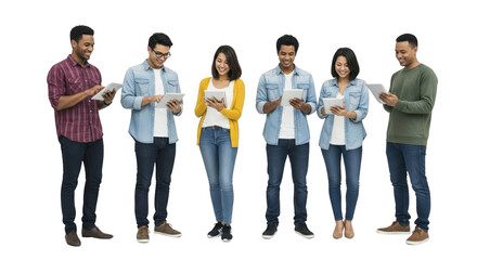 High resolution diverse group using digital tablets design mockup featuring diverse, group, people on clean white background for product presentation use