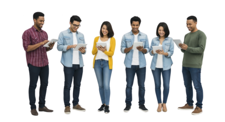 High resolution diverse group using digital tablets design mockup featuring diverse, group, people on clean white background for product presentation use