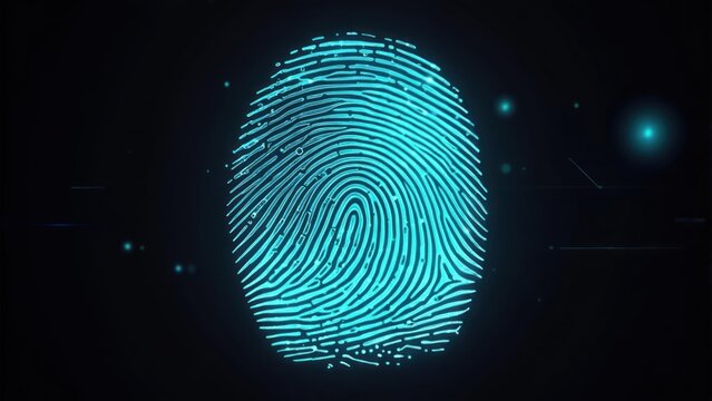 A digital, glowing fingerprint illustration against a dark background, with faint connecting lines