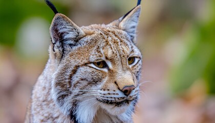 Obraz premium Close-up portrait of a lynx, showcasing its patterned fur and focused gaze.