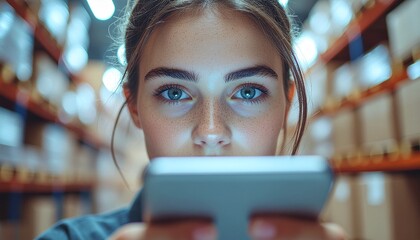 Woman using a smartphone in a warehouse, checking inventory or managing logistics, with rows of boxes in the background.