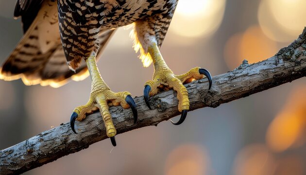 Close-up of a bird of prey's talons gripping a branch, showcasing its sharp claws and textured feathers. - Powered by Adobe