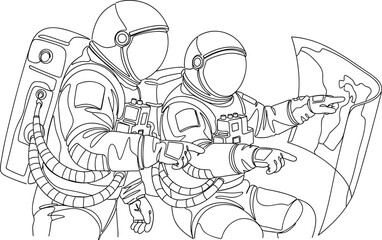 Space explorers line art, astronaut suit sketch, life support backpack, world map illustration, pointing gesture drawing, cosmic travel outline, science education art, space adventure design