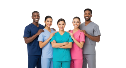 High resolution diverse medical team smiling together design mockup featuring medical, team, healthcare on clean white background for product presentation use