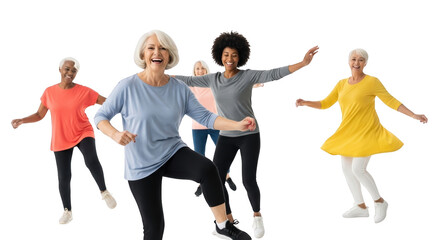 Creative diverse senior women dancing together joyfully presentation showing senior, women, diverse concept suitable for advertising or e-commerce design