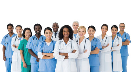 Stylish diverse team of medical professionals smiling flat lay scene highlighting doctors, nurses, medical perfect for catalog template or visual brand identity design