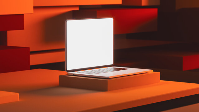 Modern laptop displayed in abstract 3D environment with warm tones