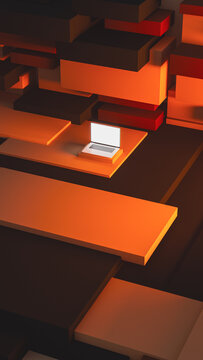 Modern laptop displayed in abstract 3D environment with warm tones