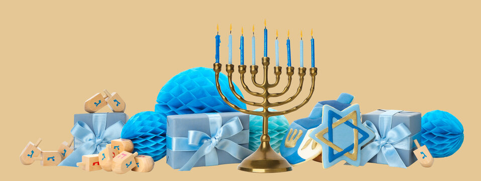 Hanukkah setup with menorah, blue decor, and gifts