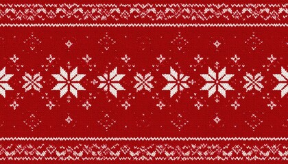 Seamless knitted pattern with white snowflakes and zig-zag borders on red background.