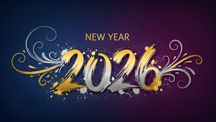 Elegant New Year 2026 illustration with gold and silver swirls perfect for festive greeting cards and banners