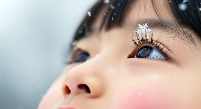 空を見上げる日本人の女の子、雪の結晶が舞い降りた長いまつ毛、純粋な瞳