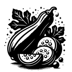 Illustration of a black and white zucchini with leaves and sliced zucchini pieces in monochrome style