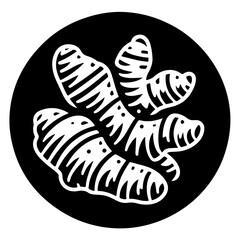 Illustration of a ginger root with segmented sections in white against a black circular background
