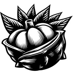 Illustration of a stylized artichoke with leaves in black and white woodcut style vector drawing