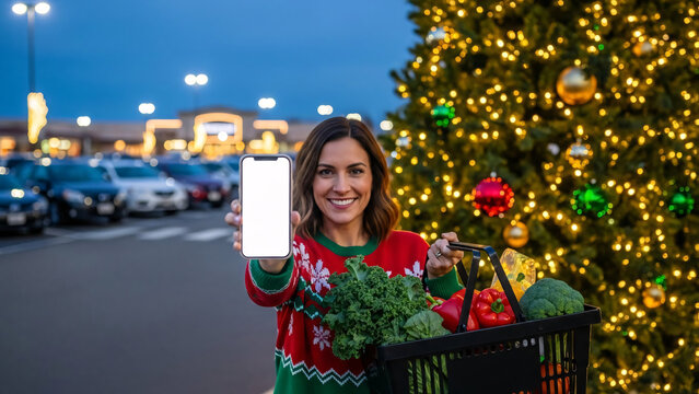 Woman with groceries and phone by Christmas tree in parking lot.