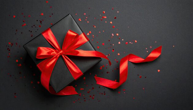 Elegant black gift box with a vibrant red ribbon and festive confetti on a dark background.