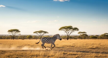 Obraz premium Wild zebra galloping freely across the golden African savanna.