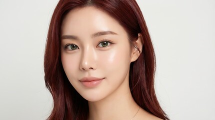 Fototapeta premium Close-up portrait of a beautiful young Asian woman with reddish-brown hair and clear skin looking directly at the camera.